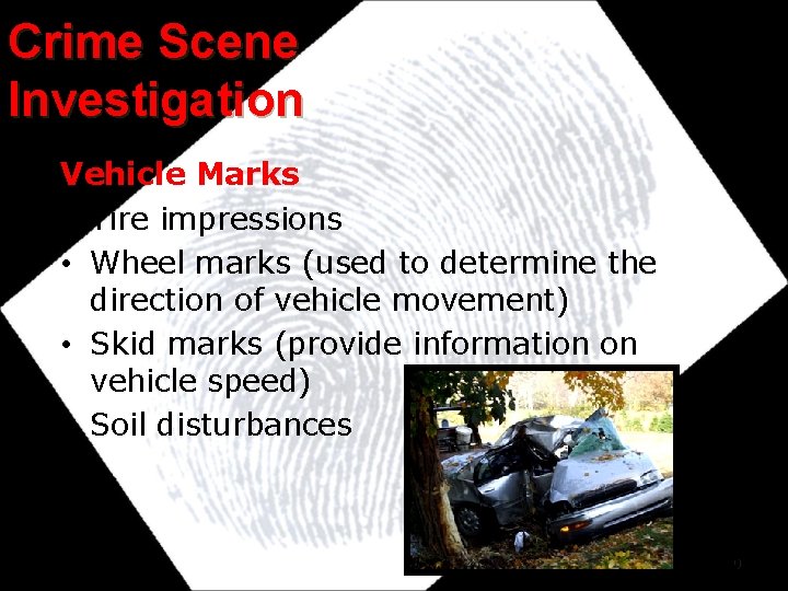 Crime Scene Investigation Vehicle Marks • Tire impressions • Wheel marks (used to determine Crime Scene Investigation Vehicle Marks • Tire impressions • Wheel marks (used to determine