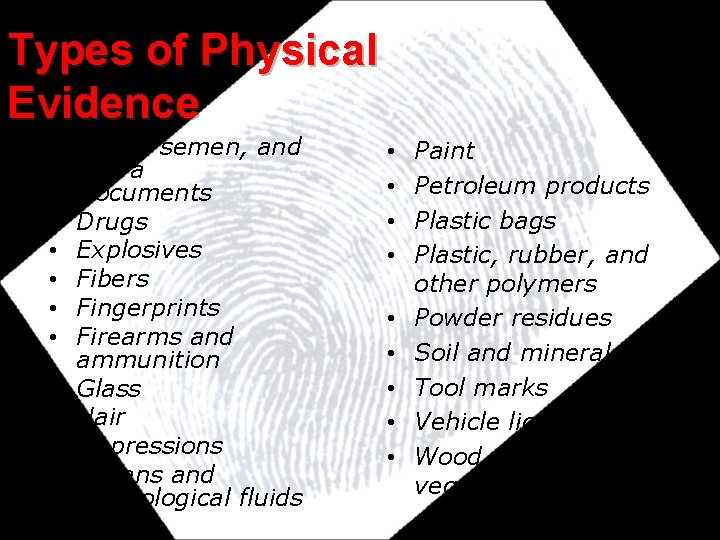 Types of Physical Evidence • Blood, semen, and saliva • Documents • Drugs • Types of Physical Evidence • Blood, semen, and saliva • Documents • Drugs •