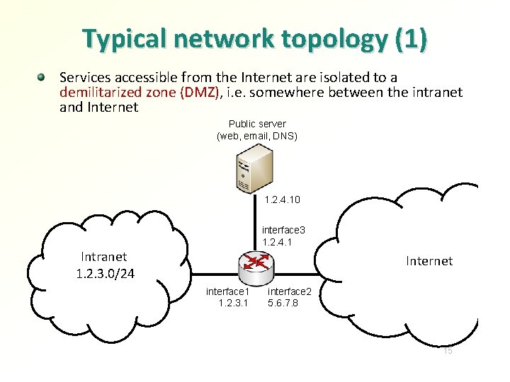 Typical network topology (1) Services accessible from the Internet are isolated to a demilitarized