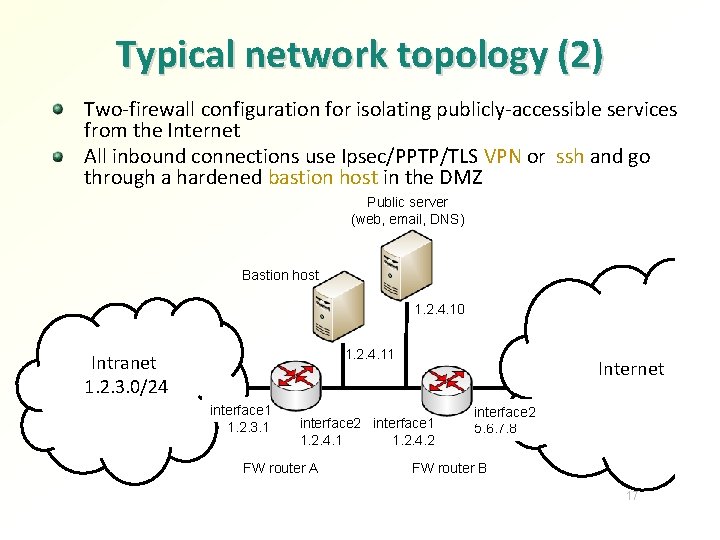 Typical network topology (2) Two-firewall configuration for isolating publicly-accessible services from the Internet All