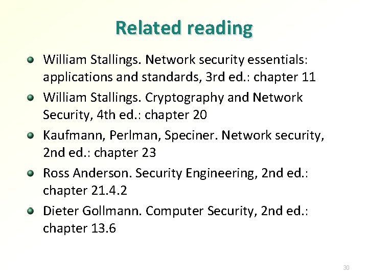 Related reading William Stallings. Network security essentials: applications and standards, 3 rd ed. :