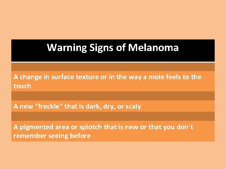Warning Signs of Melanoma A change in surface texture or in the way a Warning Signs of Melanoma A change in surface texture or in the way a
