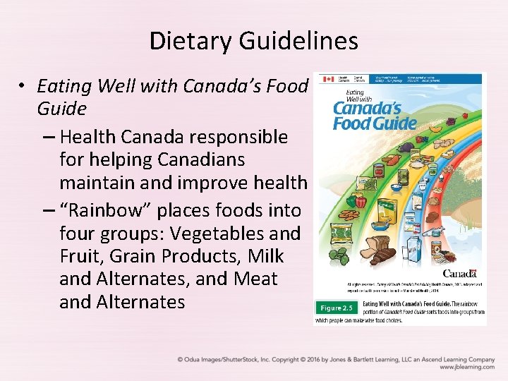 Dietary Guidelines • Eating Well with Canada’s Food Guide – Health Canada responsible for
