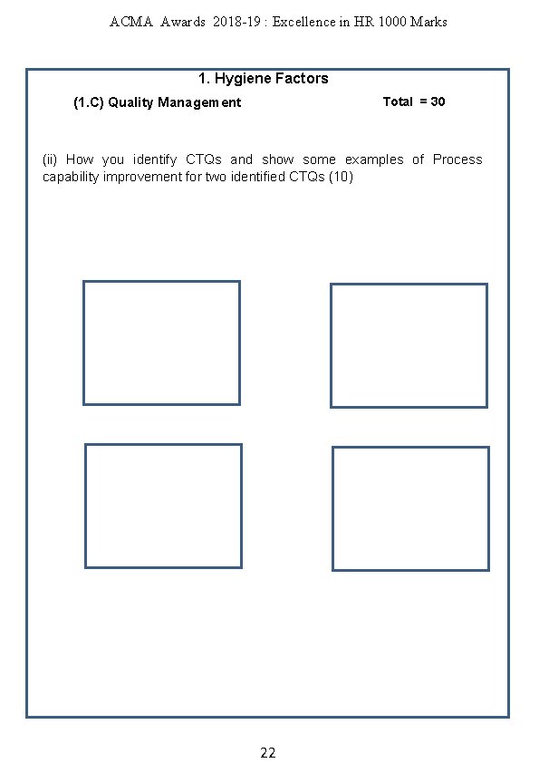 ACMA Awards 2018 -19 : Excellence in HR 1000 Marks 1. Hygiene Factors Total