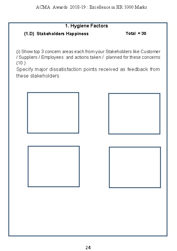 ACMA Awards 2018 -19 : Excellence in HR 1000 Marks 1. Hygiene Factors (1.