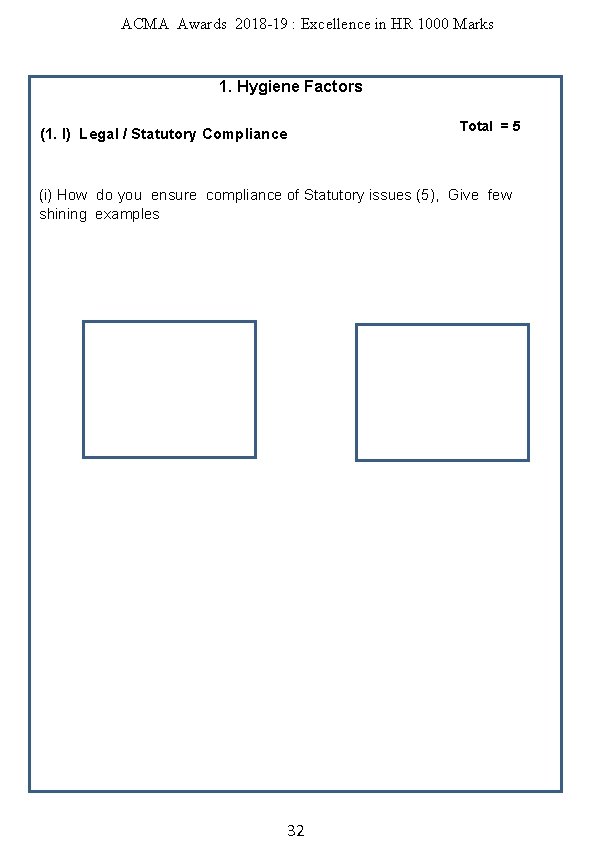 ACMA Awards 2018 -19 : Excellence in HR 1000 Marks 1. Hygiene Factors (1.