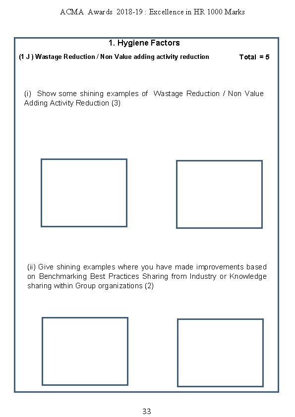 ACMA Awards 2018 -19 : Excellence in HR 1000 Marks 1. Hygiene Factors (1