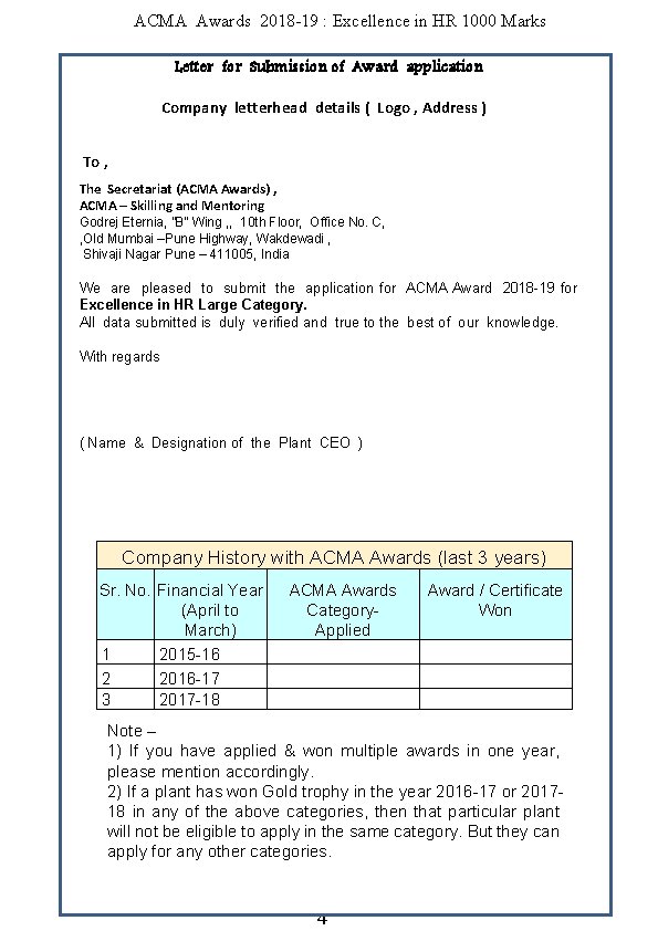 ACMA Awards 2018 -19 : Excellence in HR 1000 Marks Letter for Submission of