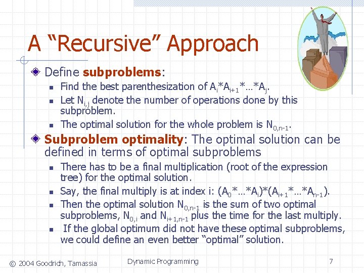 A “Recursive” Approach Define subproblems: n n n Find the best parenthesization of Ai*Ai+1*…*Aj.