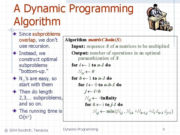 A Dynamic Programming Algorithm Since subproblems overlap, we don’t Algorithm matrix. Chain(S): Input: sequence