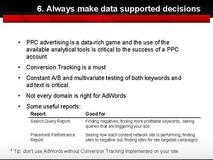 6. Always make data supported decisions • PPC advertising is a data-rich game and