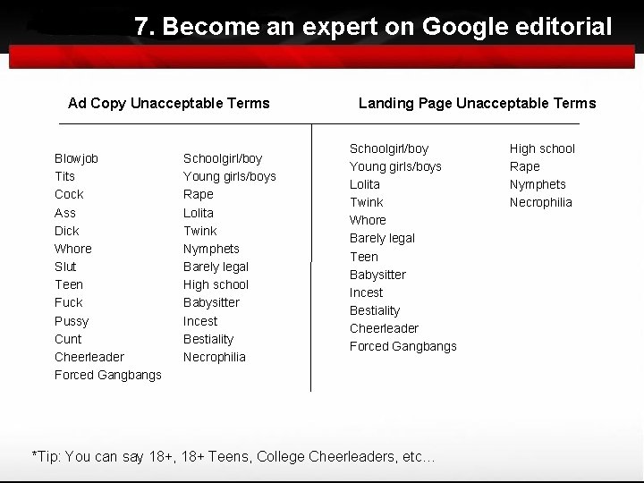 7. Become an expert on Google editorial Ad Copy Unacceptable Terms Blowjob Tits Cock