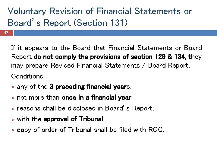 Voluntary Revision of Financial Statements or Board’s Report (Section 131) 17 If it appears
