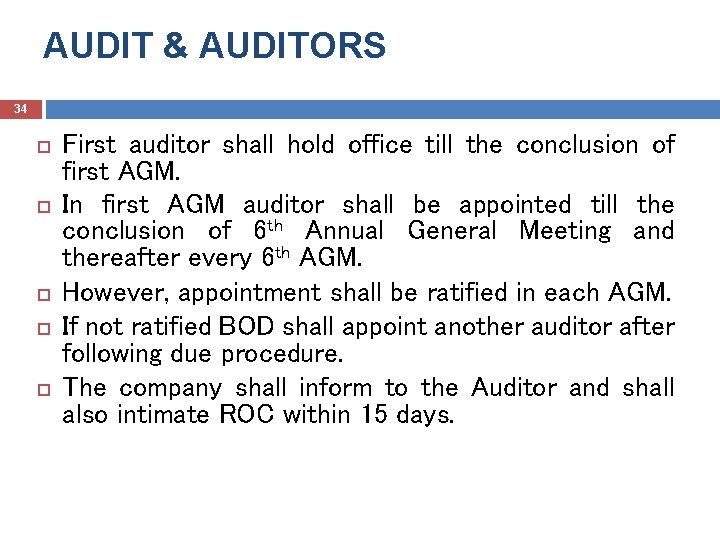 AUDIT & AUDITORS 34 First auditor shall hold office till the conclusion of first