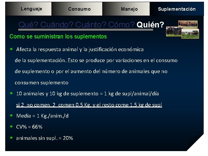 Lenguaje Consumo Manejo Suplementación Qué? Cuándo? Cuánto? Cómo? Quién? Como se suministran los suplementos Lenguaje Consumo Manejo Suplementación Qué? Cuándo? Cuánto? Cómo? Quién? Como se suministran los suplementos