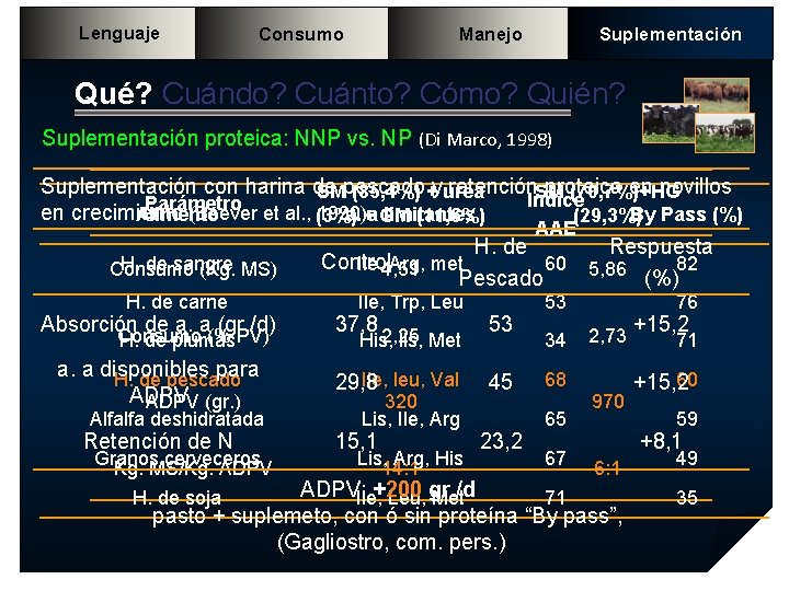 Lenguaje Consumo Manejo Suplementación Qué? Cuándo? Cuánto? Cómo? Quién? Suplementación proteica: NNP vs. NP Lenguaje Consumo Manejo Suplementación Qué? Cuándo? Cuánto? Cómo? Quién? Suplementación proteica: NNP vs. NP