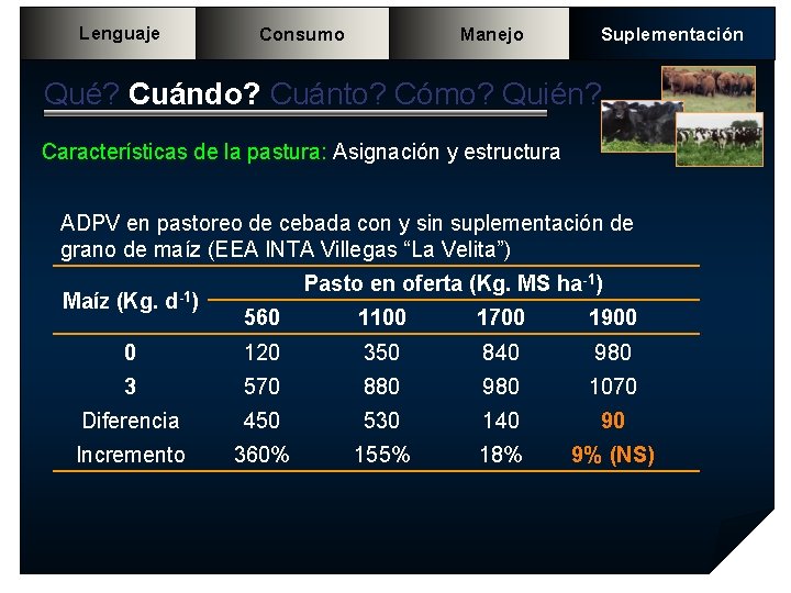 Lenguaje Consumo Manejo Suplementación Qué? Cuándo? Cuánto? Cómo? Quién? Características de la pastura: Asignación Lenguaje Consumo Manejo Suplementación Qué? Cuándo? Cuánto? Cómo? Quién? Características de la pastura: Asignación