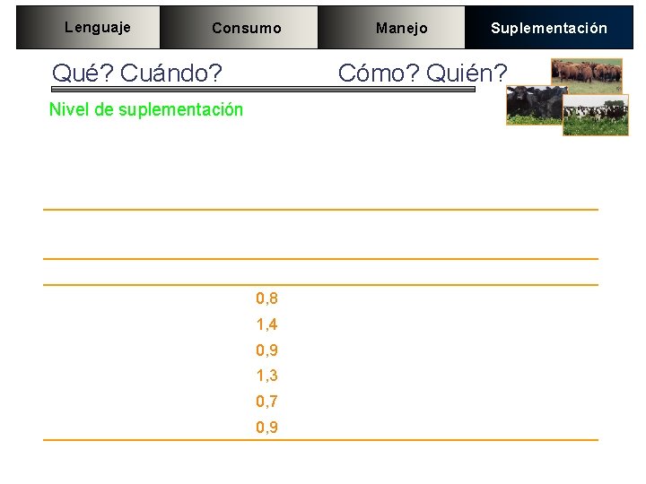 Lenguaje Consumo Manejo Suplementación Qué? Cuándo? Cuánto? Cómo? Quién? Nivel de suplementación Efecto de Lenguaje Consumo Manejo Suplementación Qué? Cuándo? Cuánto? Cómo? Quién? Nivel de suplementación Efecto de