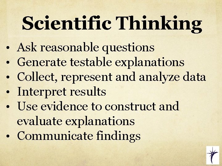 Scientific Thinking Ask reasonable questions Generate testable explanations Collect, represent and analyze data Interpret