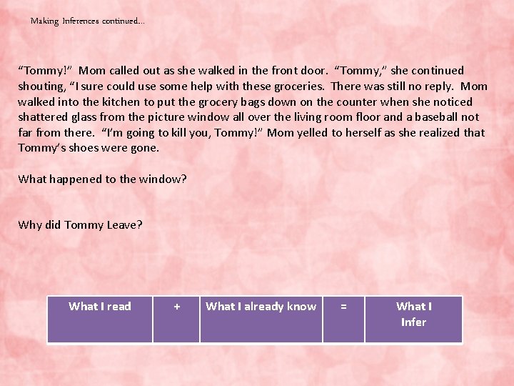 Making Inferences continued… “Tommy!” Mom called out as she walked in the front door.