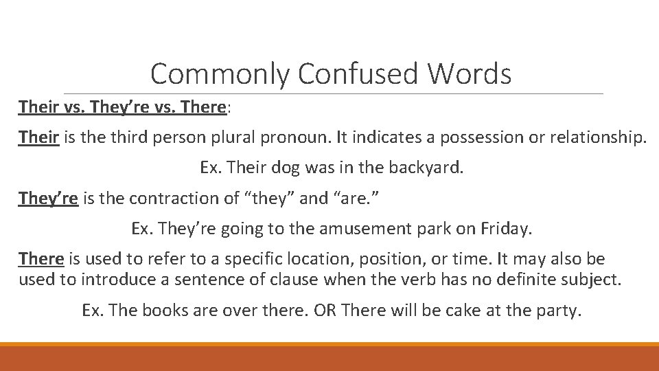 Commonly Confused Words Their vs. They’re vs. There: Their is the third person plural