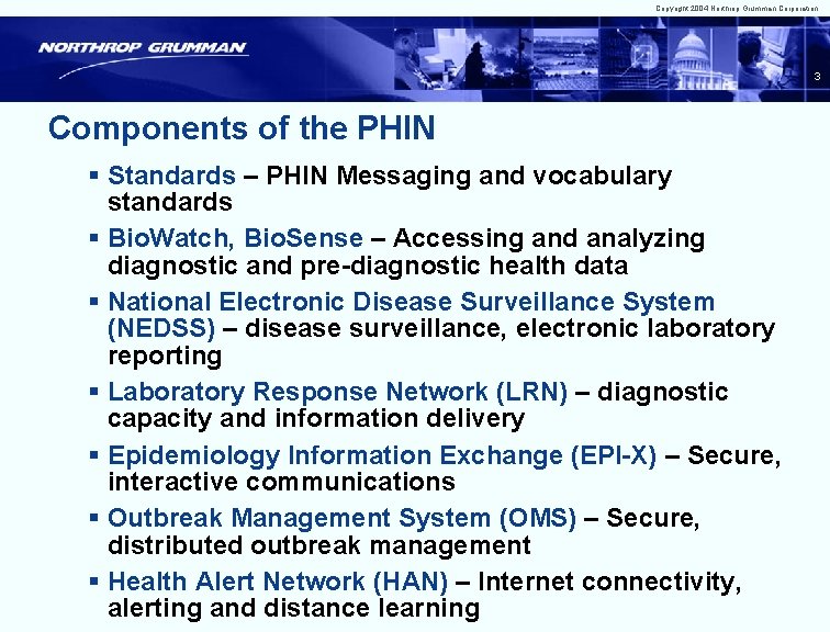 Copyright 2004 Northrop Grumman Corporation 3 Components of the PHIN § Standards – PHIN