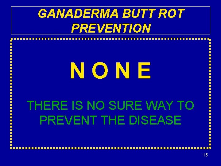 GANADERMA BUTT ROT PREVENTION NONE THERE IS NO SURE WAY TO PREVENT THE DISEASE