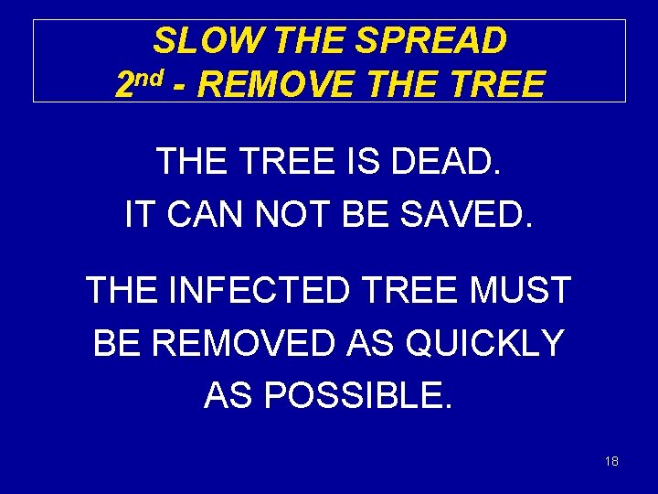 SLOW THE SPREAD 2 nd - REMOVE THE TREE IS DEAD. IT CAN NOT