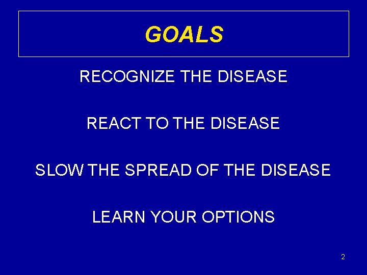 GOALS RECOGNIZE THE DISEASE REACT TO THE DISEASE SLOW THE SPREAD OF THE DISEASE
