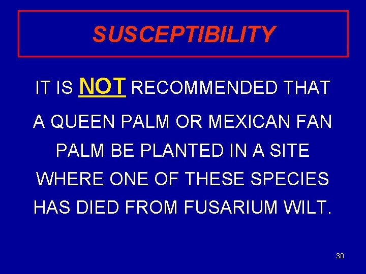 SUSCEPTIBILITY IT IS NOT RECOMMENDED THAT A QUEEN PALM OR MEXICAN FAN PALM BE