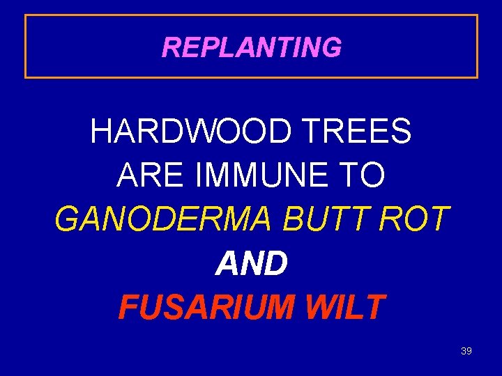 REPLANTING HARDWOOD TREES ARE IMMUNE TO GANODERMA BUTT ROT AND FUSARIUM WILT 39 