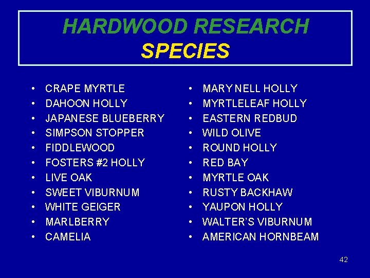 HARDWOOD RESEARCH SPECIES • • • CRAPE MYRTLE DAHOON HOLLY JAPANESE BLUEBERRY SIMPSON STOPPER