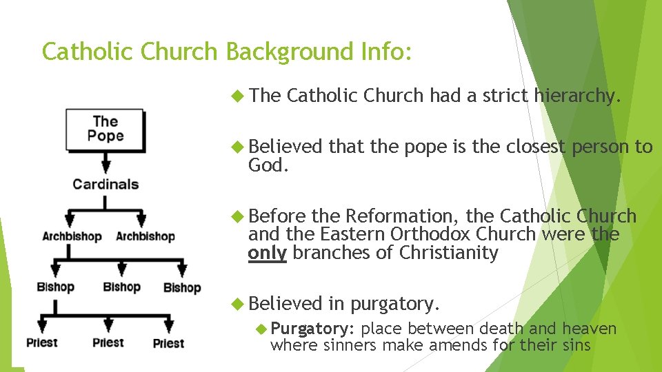Catholic Church Background Info: The Catholic Church had a strict hierarchy. Believed God. that