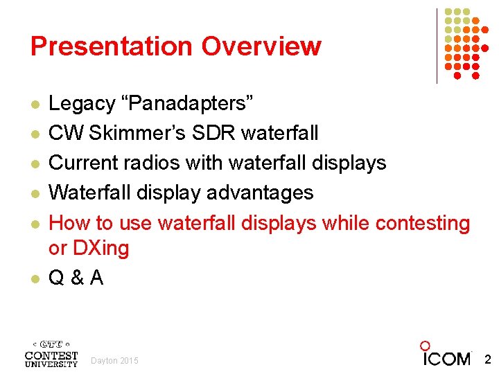 Presentation Overview l l l Legacy “Panadapters” CW Skimmer’s SDR waterfall Current radios with