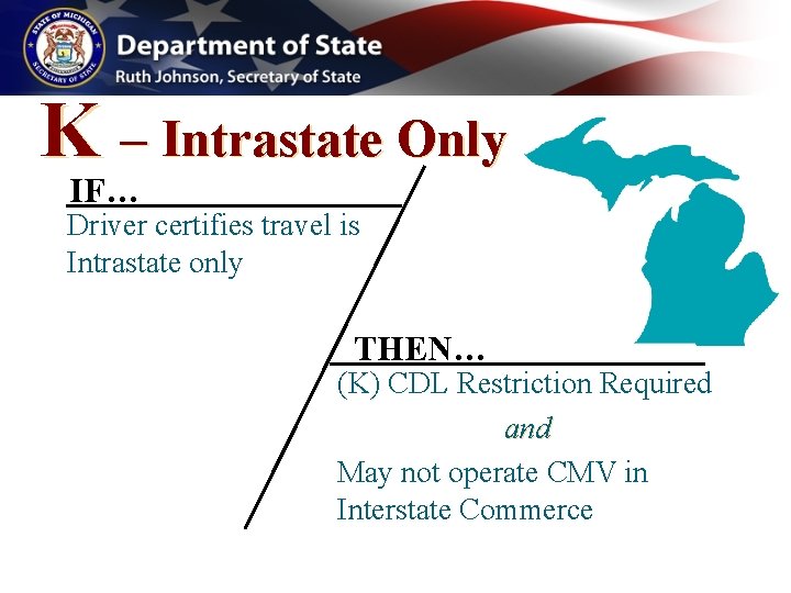 K – Intrastate Only IF… Driver certifies travel is Intrastate only THEN… (K) CDL K – Intrastate Only IF… Driver certifies travel is Intrastate only THEN… (K) CDL