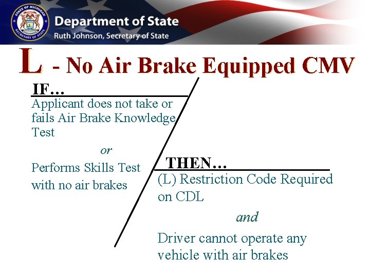 L - No Air Brake Equipped CMV IF… Applicant does not take or fails L - No Air Brake Equipped CMV IF… Applicant does not take or fails