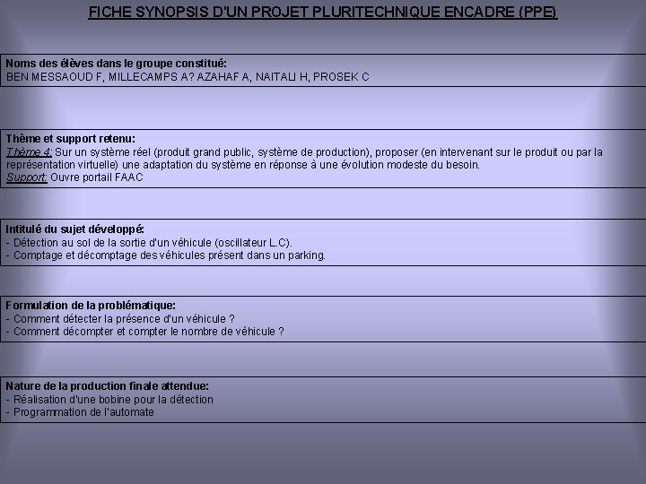 FICHE SYNOPSIS D'UN PROJET PLURITECHNIQUE ENCADRE (PPE) Noms des élèves dans le groupe constitué: