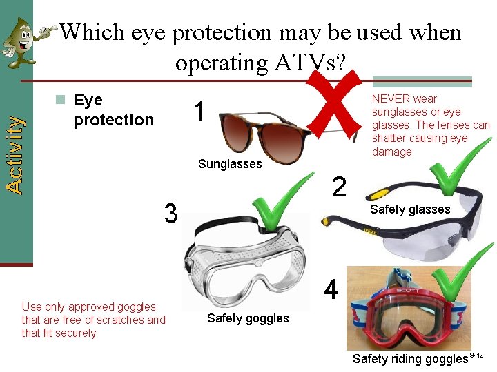 Which eye protection may be used when operating ATVs? Activity n Eye NEVER wear Which eye protection may be used when operating ATVs? Activity n Eye NEVER wear