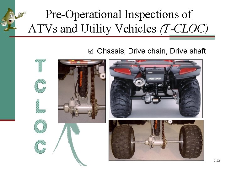 Pre-Operational Inspections of ATVs and Utility Vehicles (T-CLOC) Chassis, Drive chain, Drive shaft T Pre-Operational Inspections of ATVs and Utility Vehicles (T-CLOC) Chassis, Drive chain, Drive shaft T