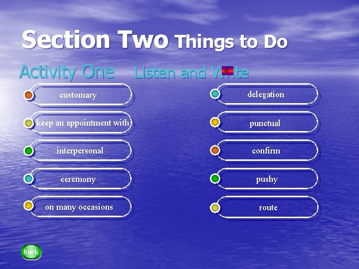 Section Two Things to Do Activity One customary Listen and Write delegation keep an