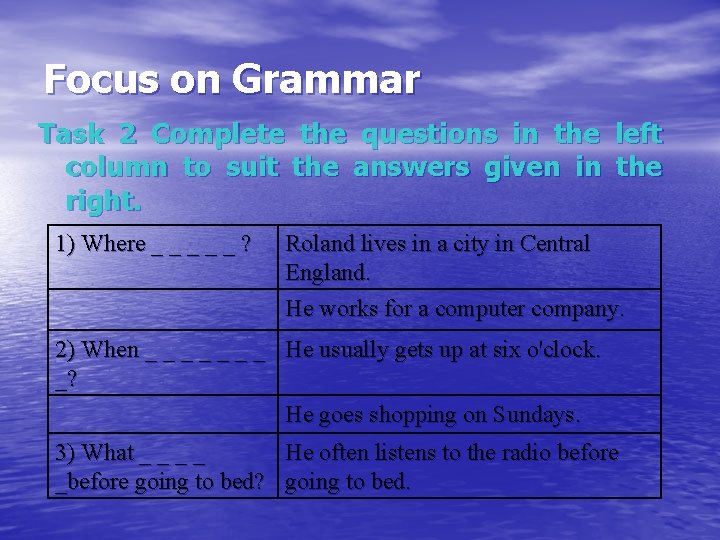 Focus on Grammar Task 2 Complete the questions in the left column to suit