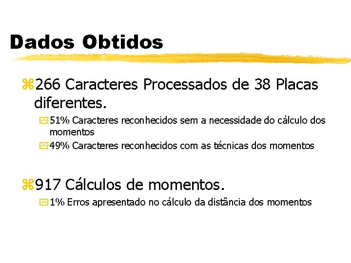 Dados Obtidos z 266 Caracteres Processados de 38 Placas diferentes. y 51% Caracteres reconhecidos