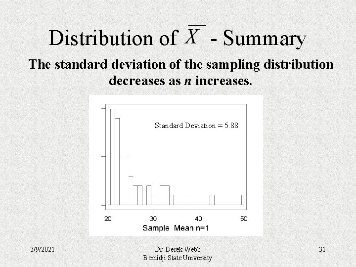 Distribution of - Summary The standard deviation of the sampling distribution decreases as n Distribution of - Summary The standard deviation of the sampling distribution decreases as n