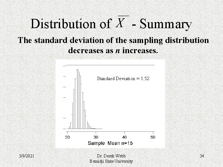Distribution of - Summary The standard deviation of the sampling distribution decreases as n