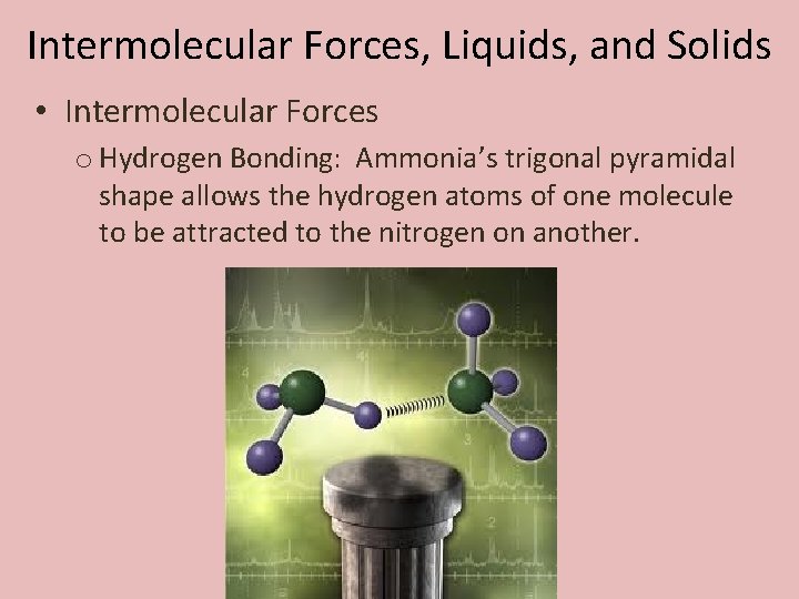 Intermolecular Forces, Liquids, and Solids • Intermolecular Forces o Hydrogen Bonding: Ammonia’s trigonal pyramidal