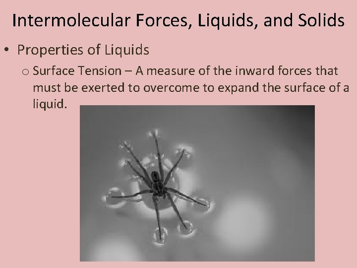 Intermolecular Forces, Liquids, and Solids • Properties of Liquids o Surface Tension – A