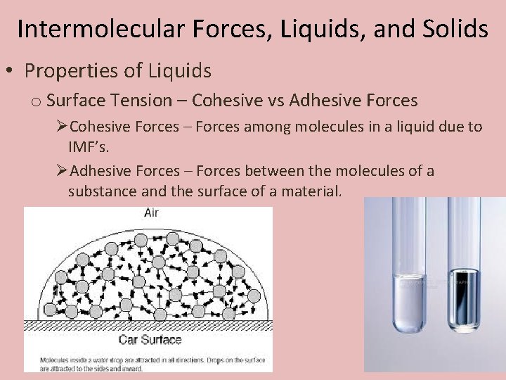 Intermolecular Forces, Liquids, and Solids • Properties of Liquids o Surface Tension – Cohesive