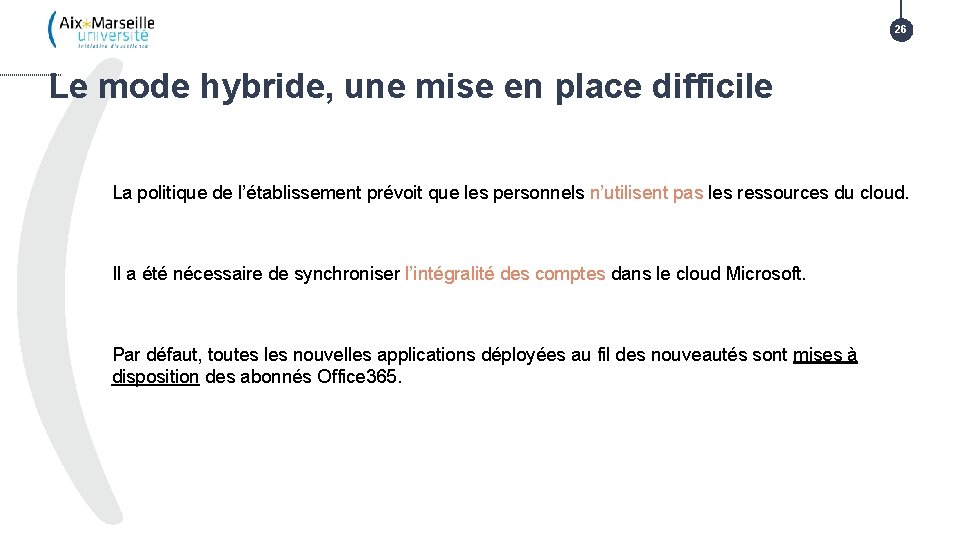 26 Le mode hybride, une mise en place difficile La politique de l’établissement prévoit