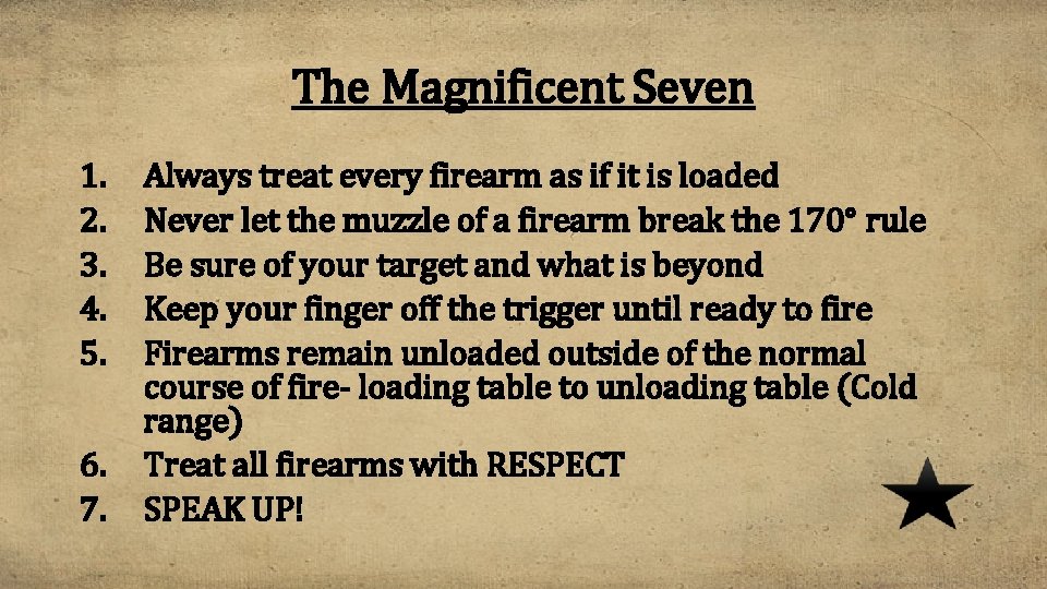 The Magnificent Seven 1. 2. 3. 4. 5. 6. 7. Always treat every firearm