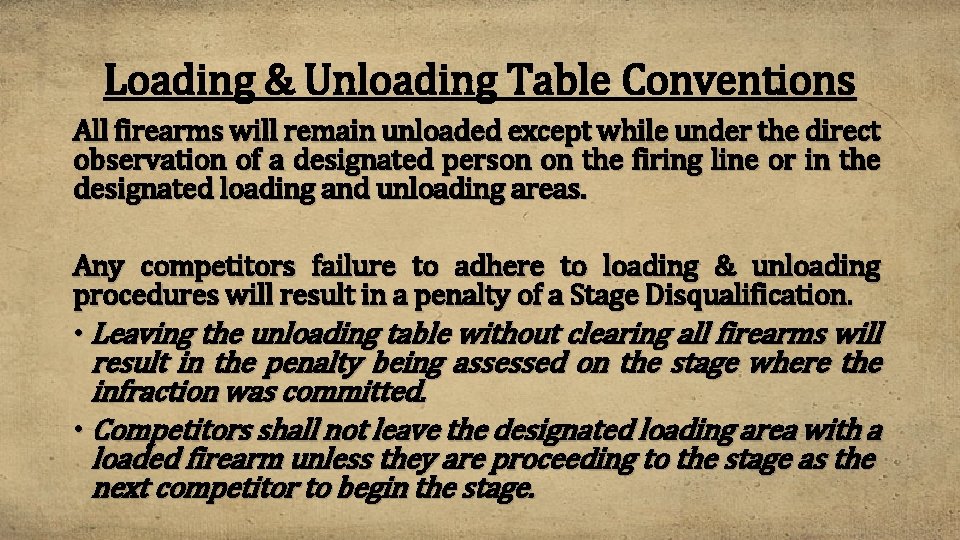 Loading & Unloading Table Conventions All firearms will remain unloaded except while under the